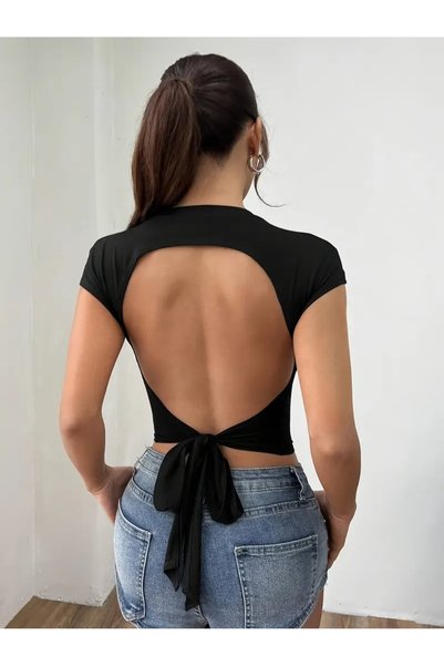 npLStore Women's Black Backless Crop Blouse with Tie Back