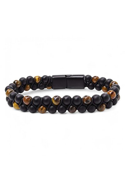 Generic Brand Tiger's Eye and Onyx Natural Stone and Steel Rope Men's Bracelet