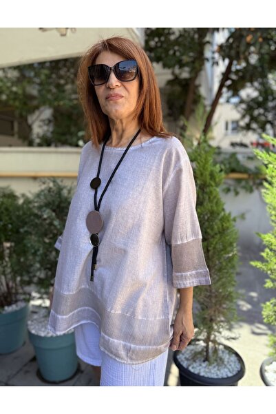 DenizEge Mesh Detailed Cotton Blouse Milk Coffee