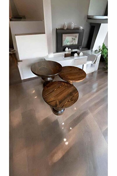 Simillo Home&Living Modern Ahşap Mantar Sehpa 3’lü Set – Ceviz Masif Doğal Fiskos ve Zigon Sehpa - Wooden Side Table