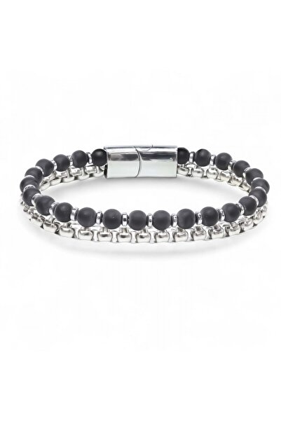 SeyCey.co Matte Onyx and Silver Hematite Bracelet with Steel Chain |   Februa...