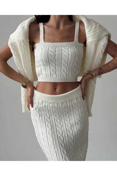 Lusin White Women's Knitwear Set - Crop Skirt and Cardigan with Hair Knit Detail