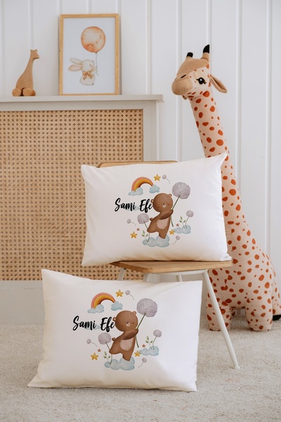 Lilabio %100 Pamuk İsme Özel 2li Ekru Bebek Yastık Kılıfı 35x45 cm-Ayıcık