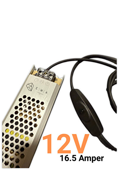 Ema Dükkan 12V 16.5A Ultra Slim LED Trafo Anahtarlı Fişli 180W İnce Kasa LED Sürücü Adaptör