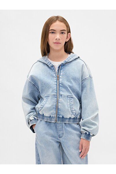 GAP Kız Çocuk Mavi Knit Denim Fermuarlı Sweatshirt