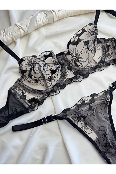 ROZENİN LINGERIE Yılbaşı Özel Çiçek Desenli Transparan Bralet Sütyen Takımı