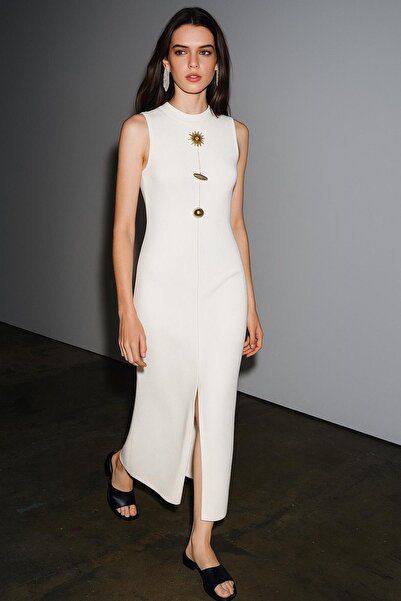 HAKKE Ottoman Fabric Long Pencil Dress with Accessory Detail and Front Slit