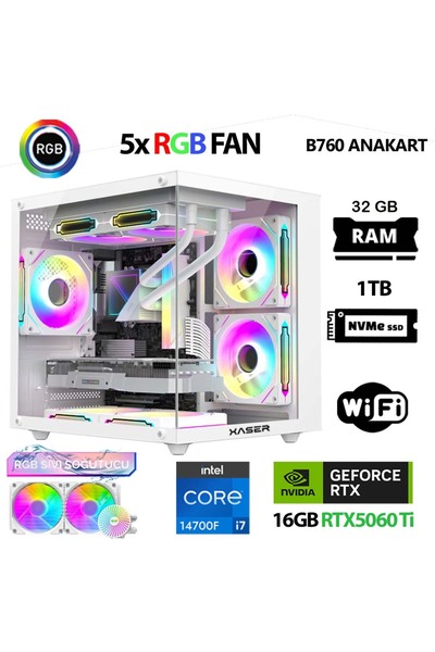 XASER Cube X240 i7 14700F 32GB DDR5 Ram 1TB M.2 NVMe SSD 16GB RTX5060 Ti Sıvı...
