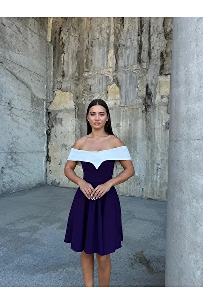 Modafeminen Stretchy Crepe Fabric V Neck Pleat Detail Mini Evening Dress 583287 Purple