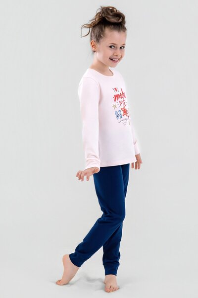 BAYKAR Girl's Cotton Crew Neck Happy Printed Long Sleeve Pajama Set 9249 Navy Blue