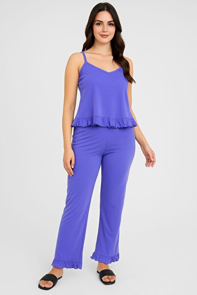 LUWAS Mavi İp Askılı Fırfırlı Süprem Pijama Takımı