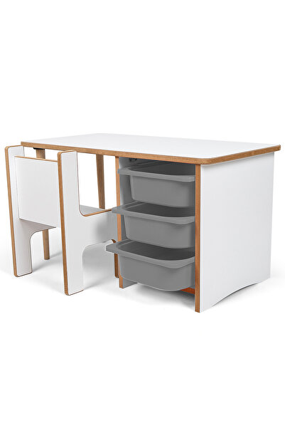 Industrial Living 3 Çekmeceli Çocuk Etkinlik Masası - Beyaz MDF - Gri Çekmeceli