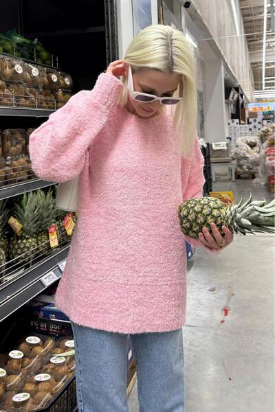 Madmext Pink Crew Neck Women's Boucle Sweater Mg2480