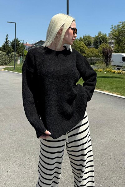 Madmext Black Crew Neck Women's Buklet Sweater Mg2480