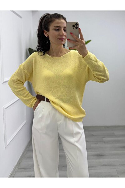 TUNAM BUTİK 3333 Wide Collar Basic Knitwear Sweater Yellow
