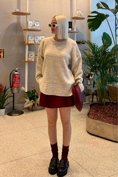 Madmext Beige Crew Neck Women's Boucle Sweater Mg2480