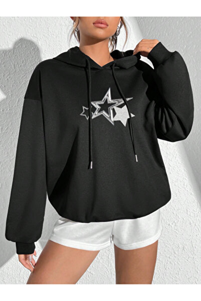 Revasser Unisex Erkek/Kadın YILDIZ Renkli Özel Baskılı Pamuklu Oversize Kapüşonlu Sweatshirt