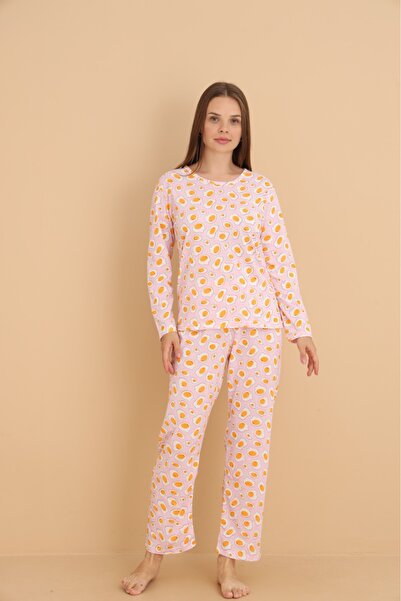 STELLAPİNK YUMURTA DESENLİ UZUN KOL PAMUKLU PİJAMA TAKIMI - PEMBE