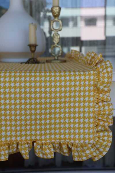 vintagetasarım Runner with Ruffles Yellow Houndstooth Pattern Vintage Duck Linen 40X130Cm
