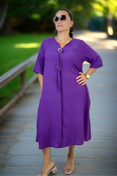yagmurberen Halka Detail with Yandan Pocket, Short Sleeve, Single-Button, Short Sleeve, Cotton Viscose Plus Size Dress