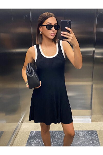 Ozkurt Art Fashion Beyaz Biyeli Lacivert Triko Elbise