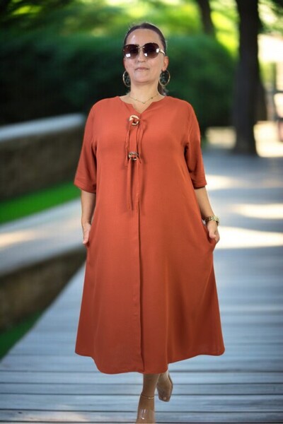 yagmurberen Ring Detail Side Pocket Full Length Single Pocket Short Sleeve Cotton Viscose Plus Size Dress