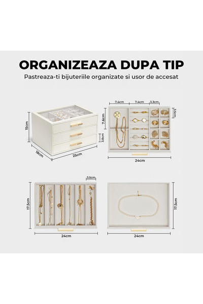 Elindor ® Jewelry Box 3 Drawers and Transparent Glass, Elegant Organizer for Rings, White