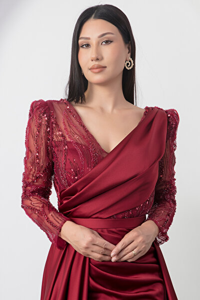 PULLIMM Double Breasted Collar Beading Detail Satin Dress Dmn5187