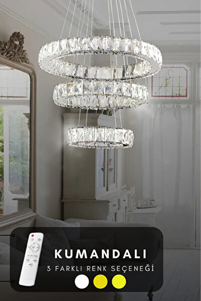 akyzlighting 3'lü Modern Sarkit Kri̇stal Taşli Led Avi̇ze 3 Renk Kumandali ( ...