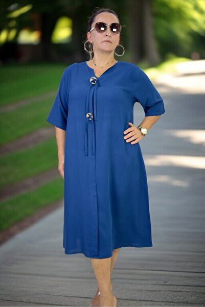 yagmurberen Halka Detail with Yandan Pocket, Short Sleeve, Single-Button, Short Sleeve, Cotton Viscose Plus Size Dress