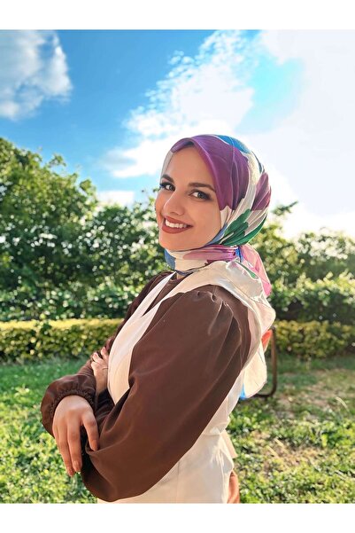 Modakaşmir Palet Desen Bambu Eşarp - Beyaz - Eflatun