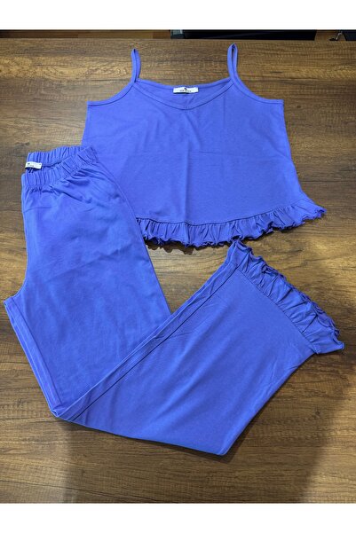 LUWAS Mavi İp Askılı Fırfırlı Süprem Pijama Takımı