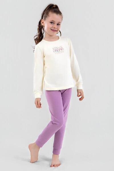 BAYKAR Girls'Cotton Crew Neck Rabbit Printed Long Sleeved Pajamas Set 9246 Lilac