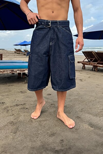 Flaw Wear Bel Kemerli Kargo Cepli Kot Şort Lacivert