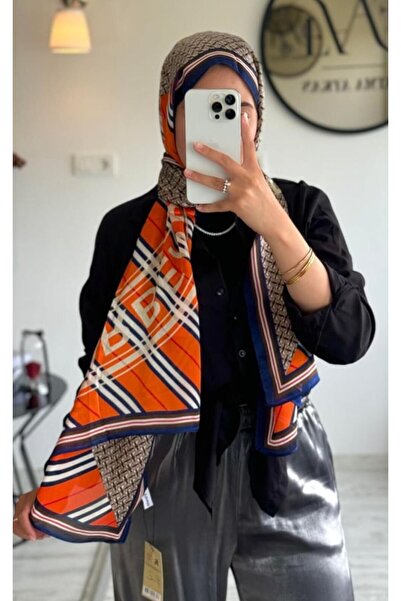 PİRAMİT EKOSE VUAL İPEK ŞAL YAZILI DESEN LACİVERT TURUNCU