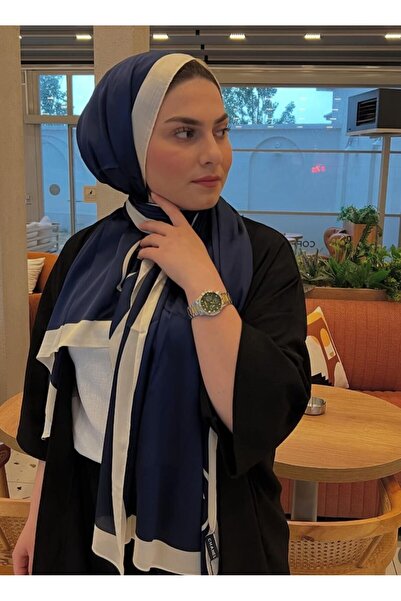 PİRAMİT CHANEL C DESEN VUAL İPEK ŞAL ORTASI BOŞ LACİVERT KIRIK BEYAZ