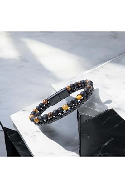 Mestore Tiger's Eye and Onyx Natural Stone Leather Steel Bracelet