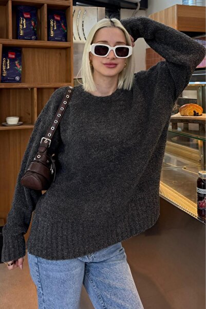 Madmext Anthracite Crew Neck Women's Boucle Sweater Mg2480