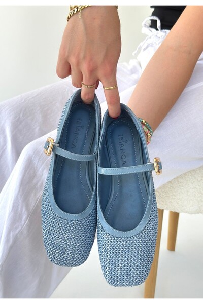 Erbilden Rives Blue Leather Straw Woven Ballerina Shoes