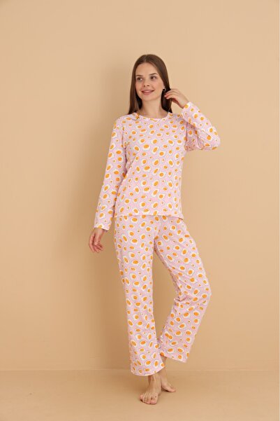 STELLAPİNK YUMURTA DESENLİ UZUN KOL PAMUKLU PİJAMA TAKIMI - PEMBE