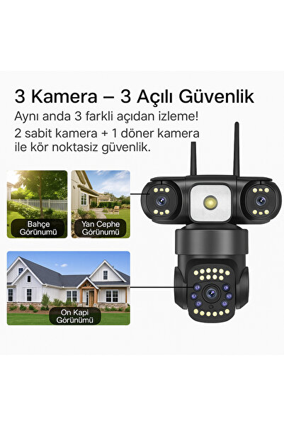 Brawi 3 lensli çok ekranlı güvenlik kamerası gece görüş desteği HD kalite