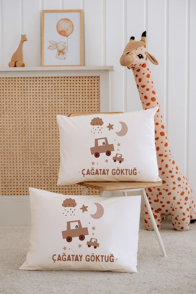 Lilabio %100 Pamuk İsme Özel 2li Ekru Bebek Yastık Kılıfı 35x45 cm-Balon