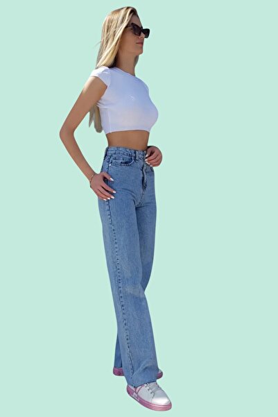 byhaziran butik Μεσαίο μπλε φαρδύ μπατζάκι Γυναικείο τζιν με φαρδύ πόδι