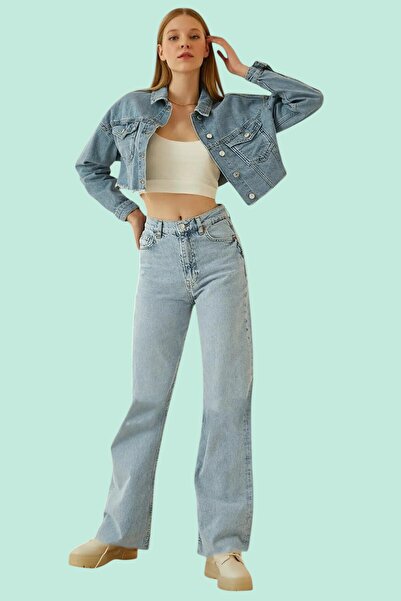 byhaziran butik Women's Blue High Waist Wide Leg Palazzo Jeans