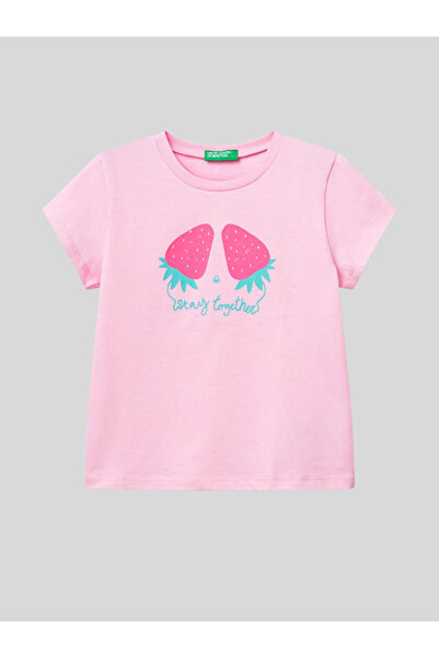 Benetton تيشيرت بناتي مطبوع من عمر 1 إلى 6 سنوات باللون الوردي