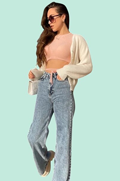 byhaziran butik بنطلون جينز بالازو بقصة مريحة باللون الأزرق الجليدي