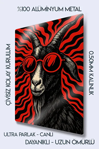 DekorHane Metal Print - Red and Black Goat Painting - Retro Sunglasses Design, Modern Wall Decor