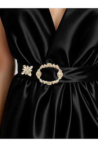 CHANCE GİFT Crystal Big Stone Oval Belt Buckle and Flower Brooch Set of 2 Women's Evening Dress and Casual Dress Accessory
