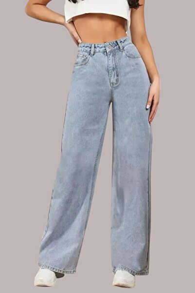 byhaziran butik بنطلون بالازو من قماش الدنيم ذو خصر مرتفع باللون الأزرق الفاتح