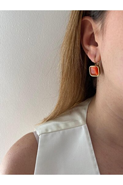 marsel aksesuar Orange Stone Square Gold Steel Earrings